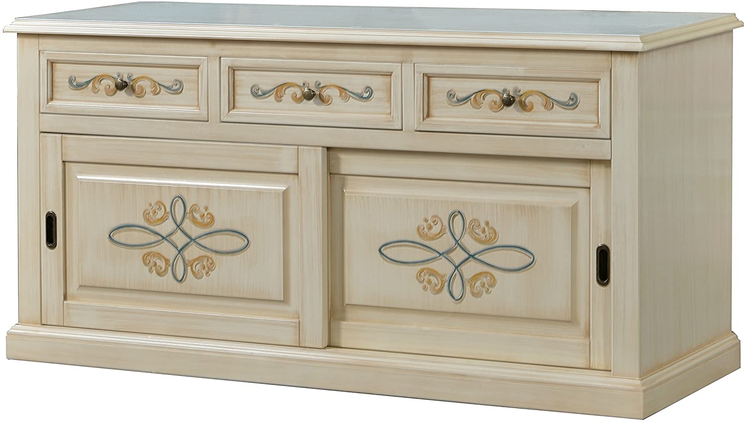 Credenza avorio pennellato con decori, 2 ante e 3 cassetti 157x78