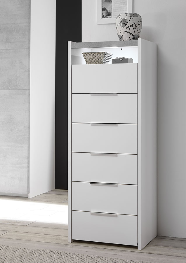 Conveniente Settimino moderno con 6 cassetti e vano a giorno, Bianco Opaco e Beton