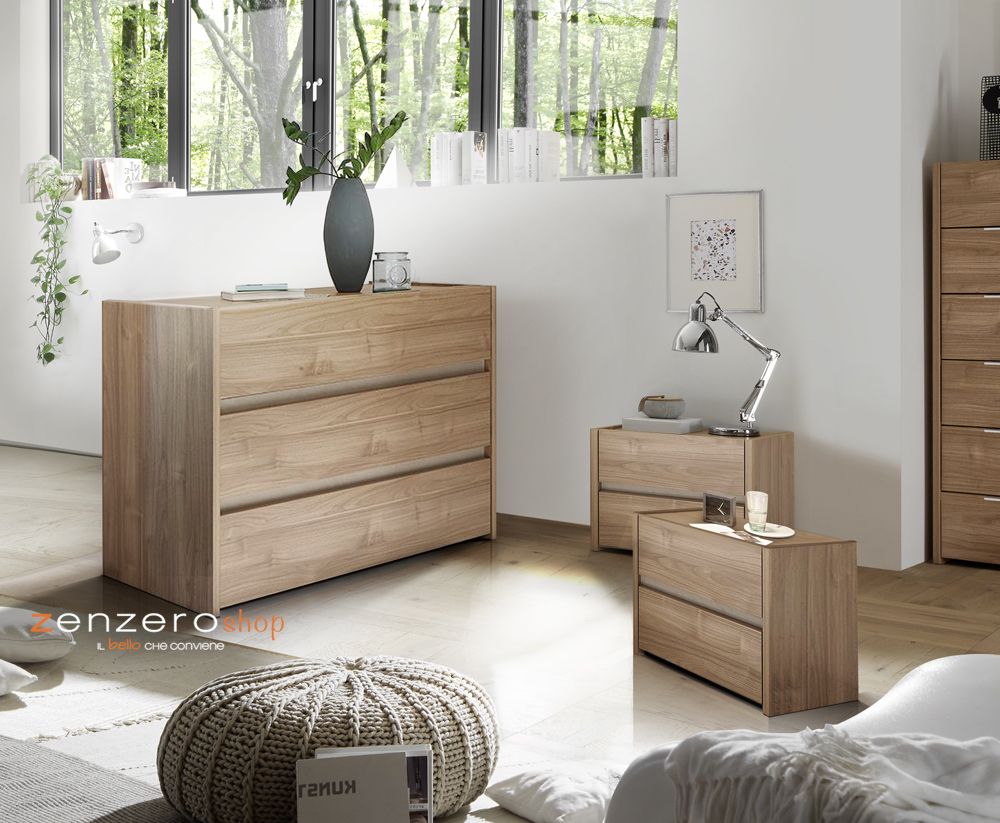 Set zona notte con Armadio scorrevole, Comò e Coppia Comodini, Noce Chiaro e Argilla 