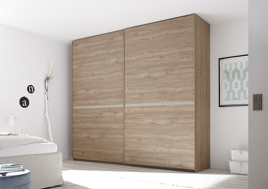 Armadio 2 ante scorrevoli, conveniente e moderno, finitura Noce Chiaro e inserto Argilla Zenzero Shop