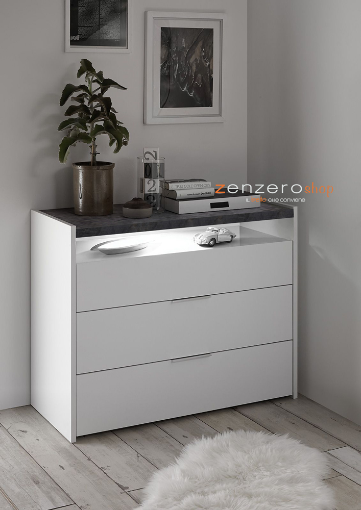 Comò moderno 3 cassetti, finitura Bianco opaco e Ossido. Guide ammortizzate
