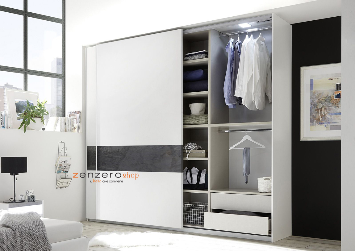 Mobile Conveniente Armadio moderno con ante scorrevoli L.275, Bianco Opaco con fascia Ossido