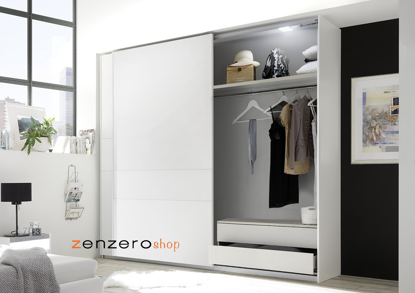 Moderno Armadio scorrevole scontato, bianco opaco, made in Italy