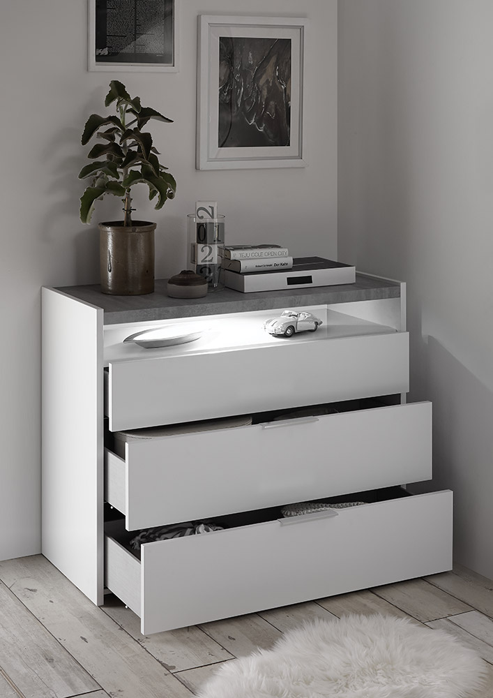 Set comò e comodini grigio beton e bianco con cassetti e vano a giorno