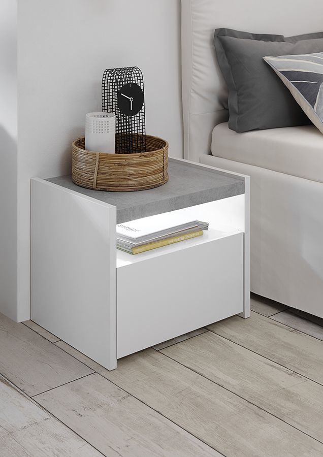 Economica Coppia di comodini finitura Bianco Opaco e Beton, guide ammortizzate