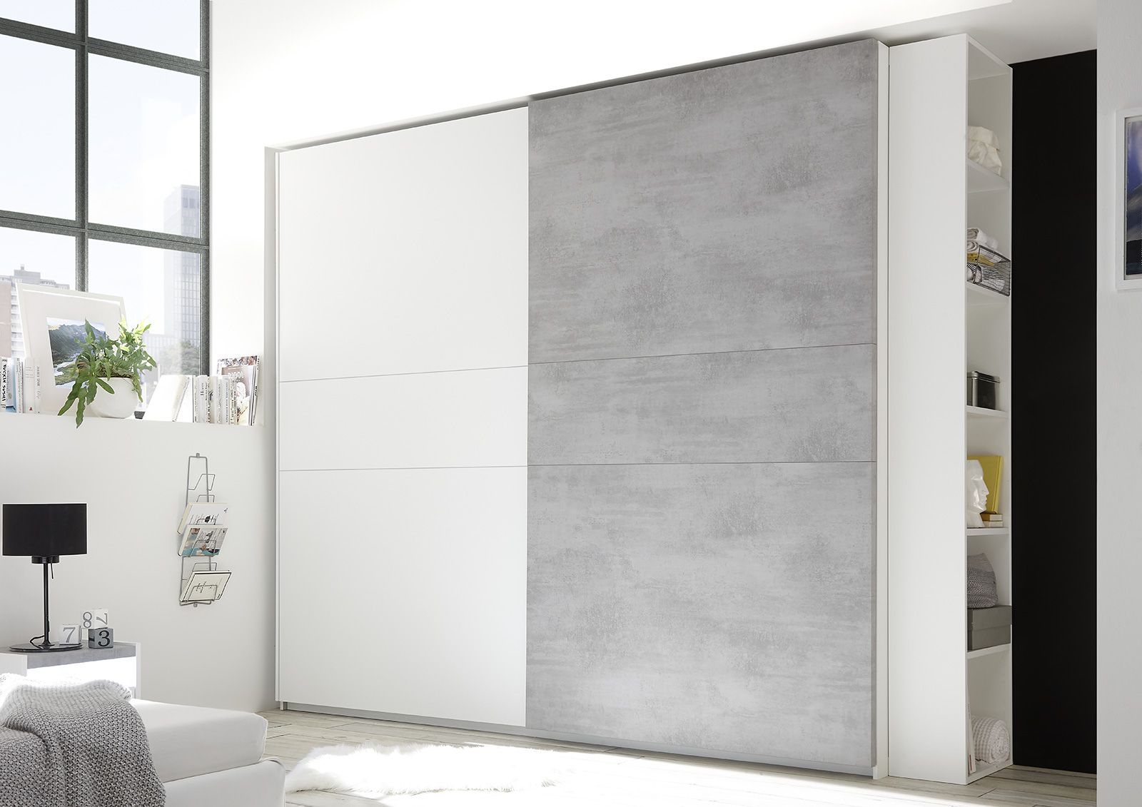 Nuovo Armadio 2 ante scorrevoli, conveniente e moderno, colori Bianco opaco e Beton