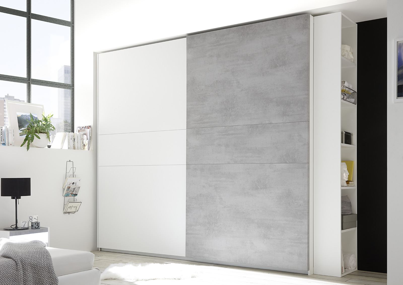 Camere matrimoniale  Bianca Opaco e Beton con letto contenitore e armadio H.248