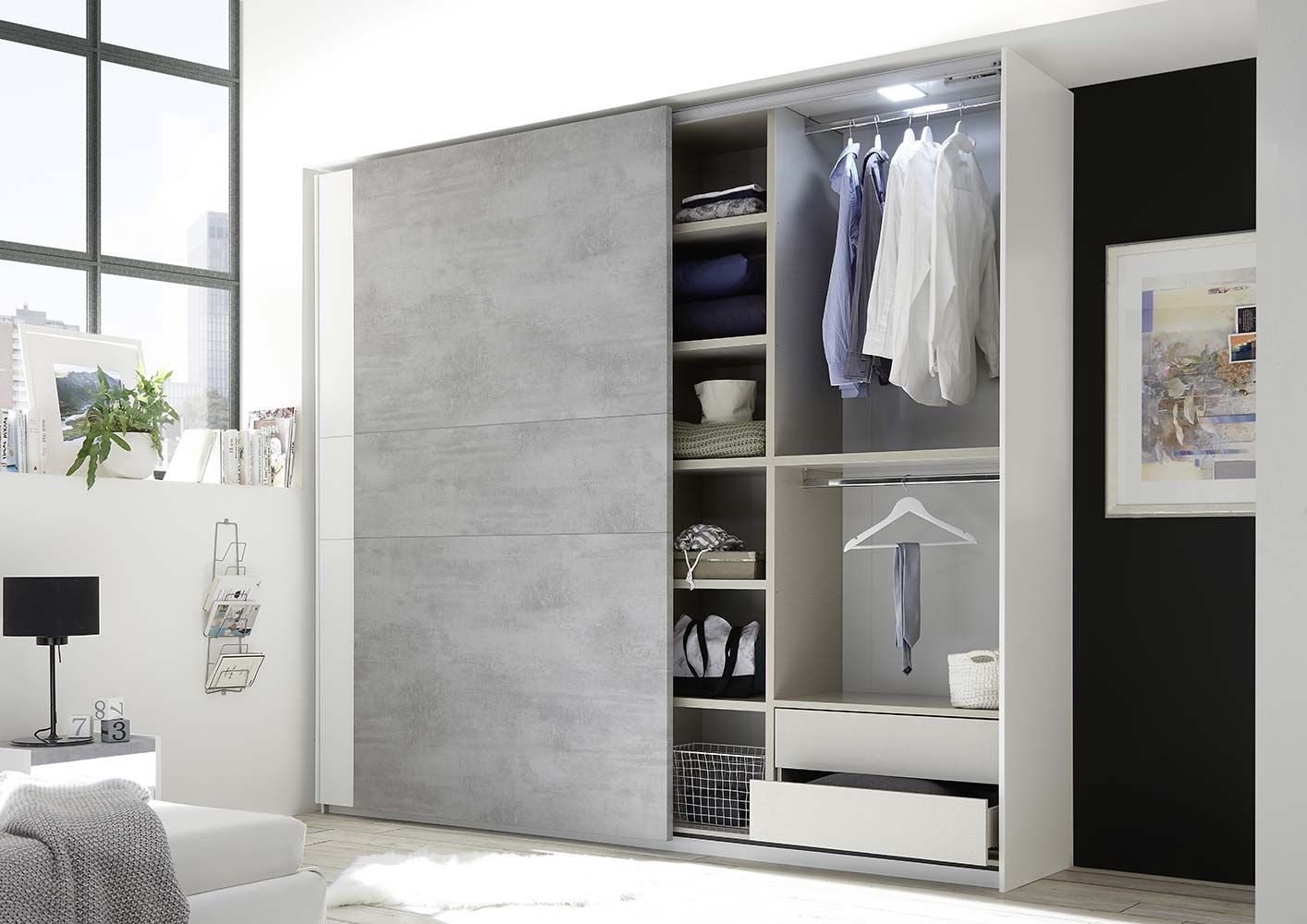 Nuovo Armadio 2 ante scorrevoli, conveniente e moderno, colori Bianco opaco e Beton