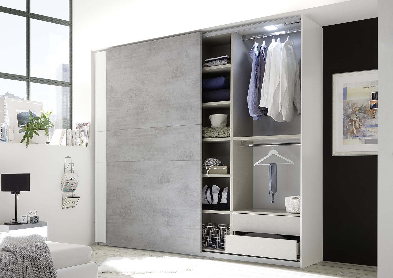 Camere matrimoniale con letto contenitore Bianca Opaco e Beton