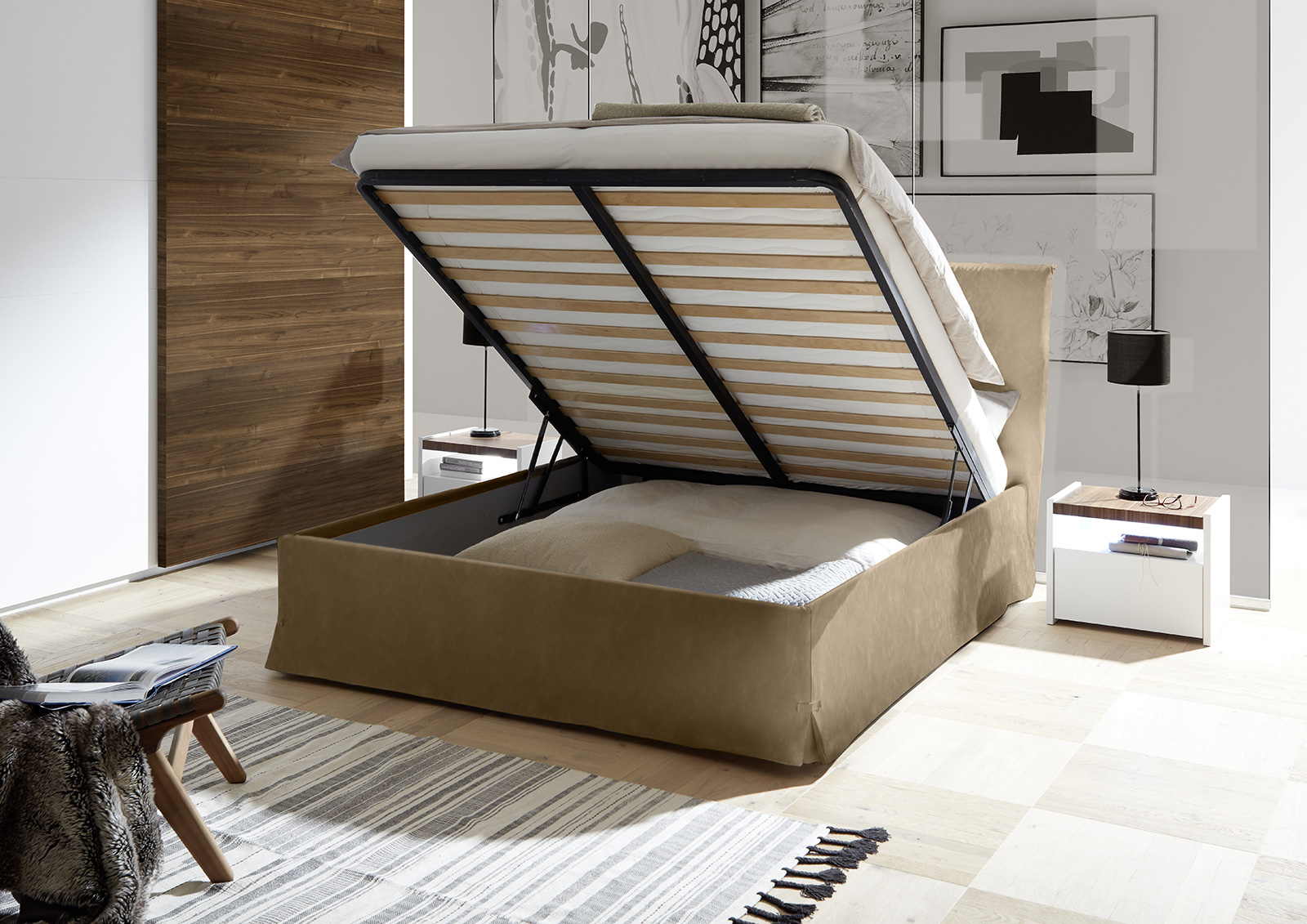 Letto ecopelle marrone tabacco con contenitore