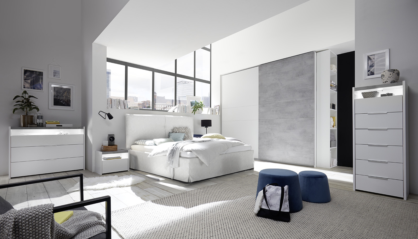 Camere matrimoniale  Bianca Opaco e Beton con letto contenitore e armadio H.248