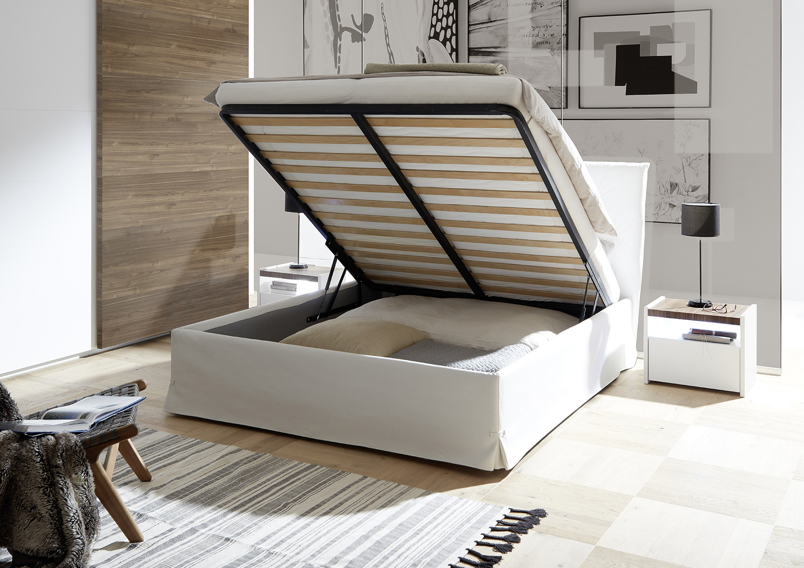 Camere matrimoniale con letto contenitore finitura Bianca Opaco e Beton