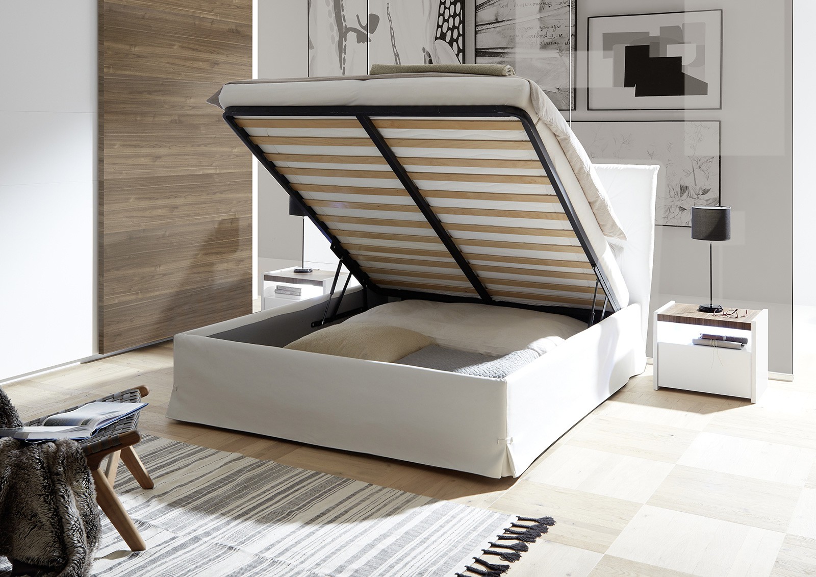 Letti matrimoniali, letto in ecopelle con contenitore, finitura Bianca