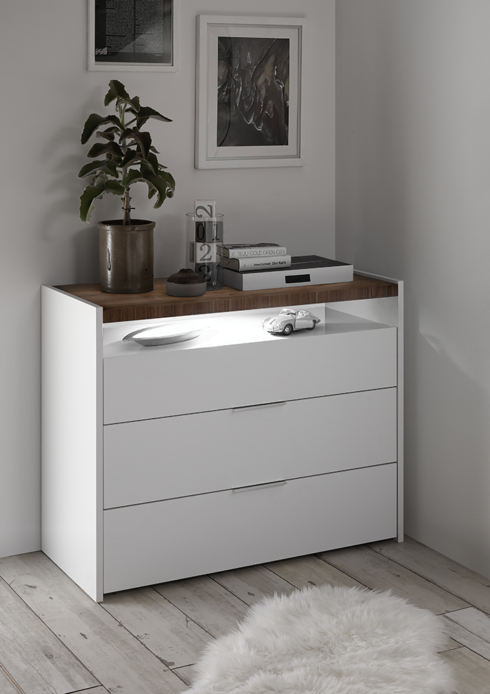 Set Comò, Settimino e 2 Comodini con guide ammortizzate in finitura bianco opaco e Noce Dark