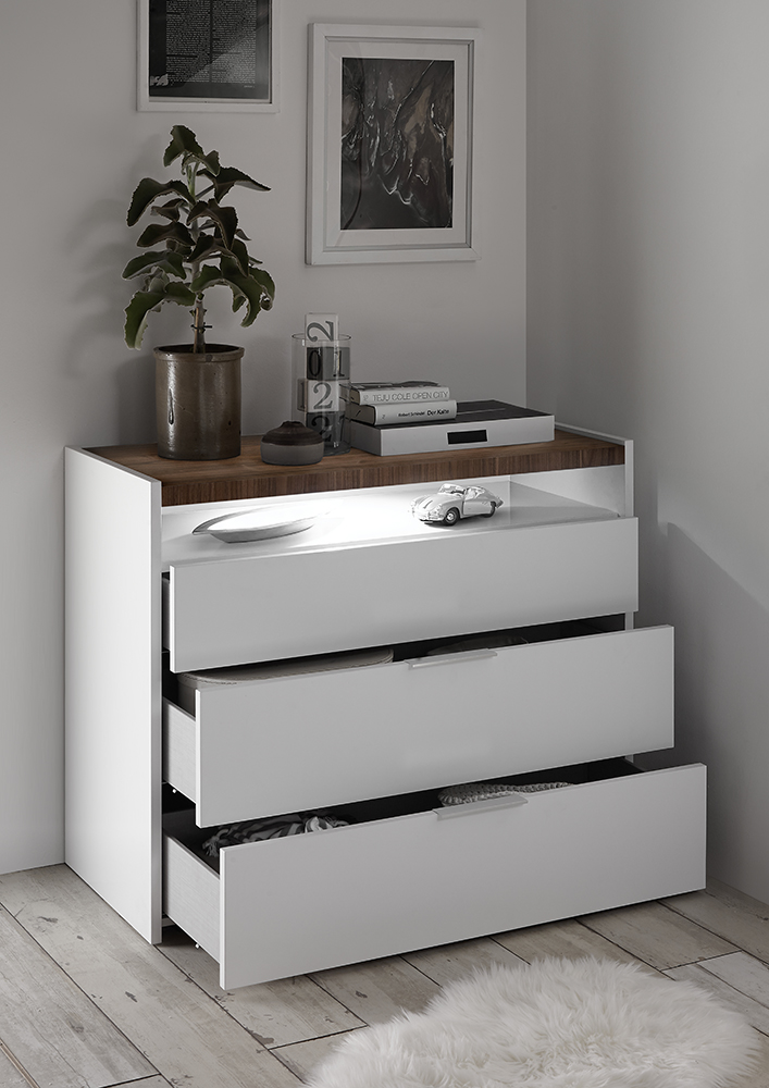 Comò moderno 3 cassetti, finitura Bianco opaco e Noce Dark. Guide ammortizzate