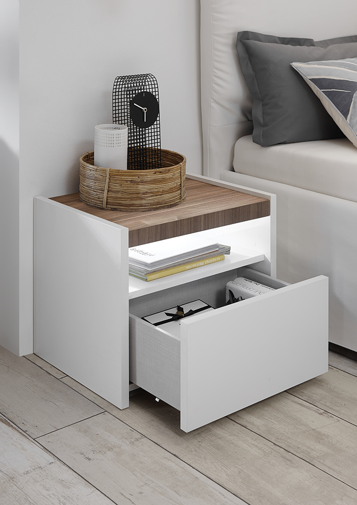 Coppia di comodini Bianco Opaco e Noce Dark, guide ammortizzate