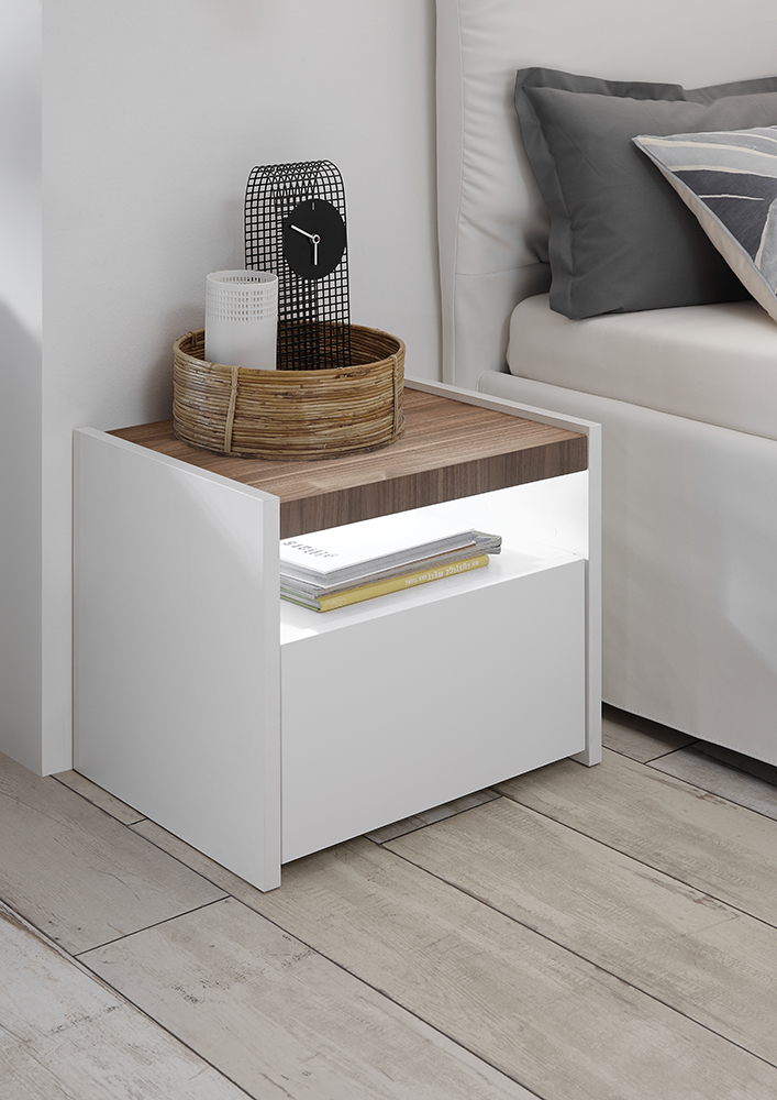 Coppia di comodini finitura Bianco Opaco e Noce Dark, guide ammortizzate