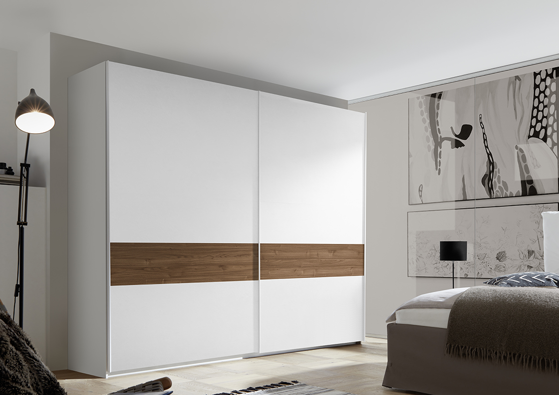 Maxi Armadio moderno con ante scorrevoli, Bianco Opaco con fascia Noce Dark