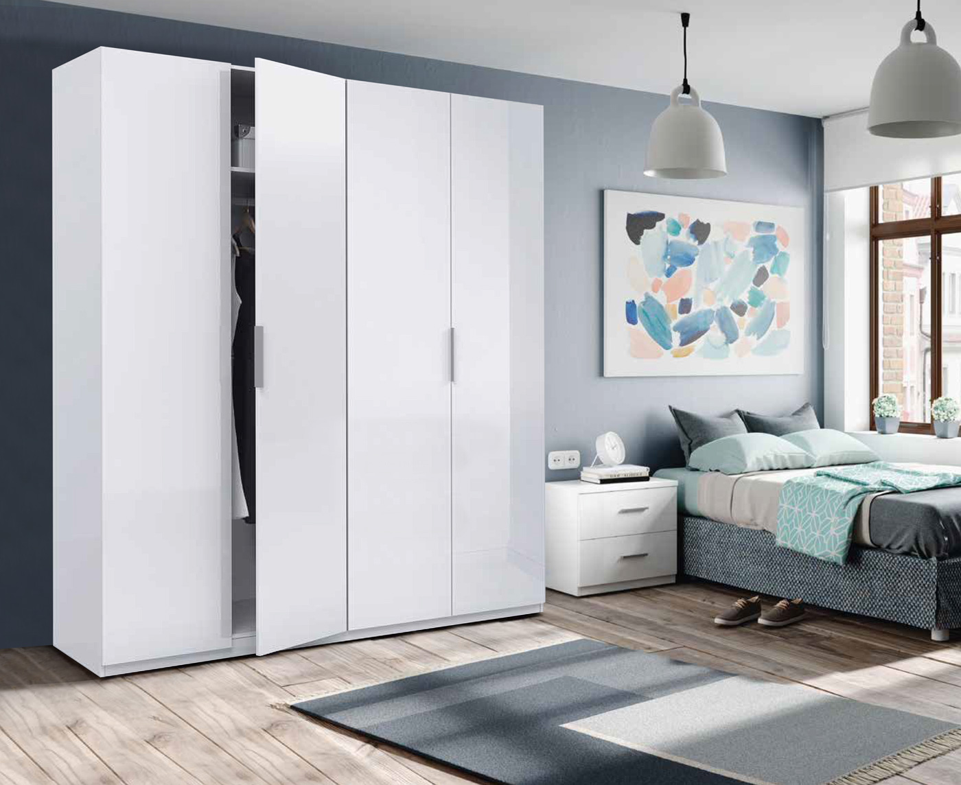 Armadio 4 ante battenti, in finitura bianco laccato lucido