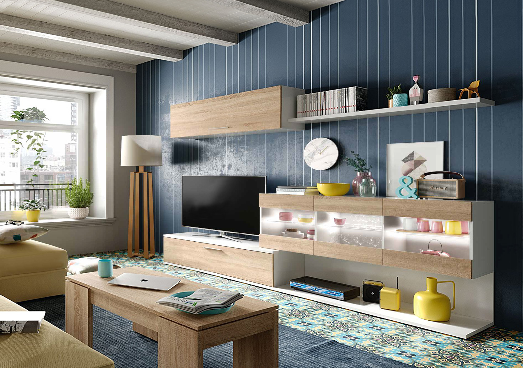 Parete attrezzata di design con 3 piccole vetrine, bianco lucido e rovere