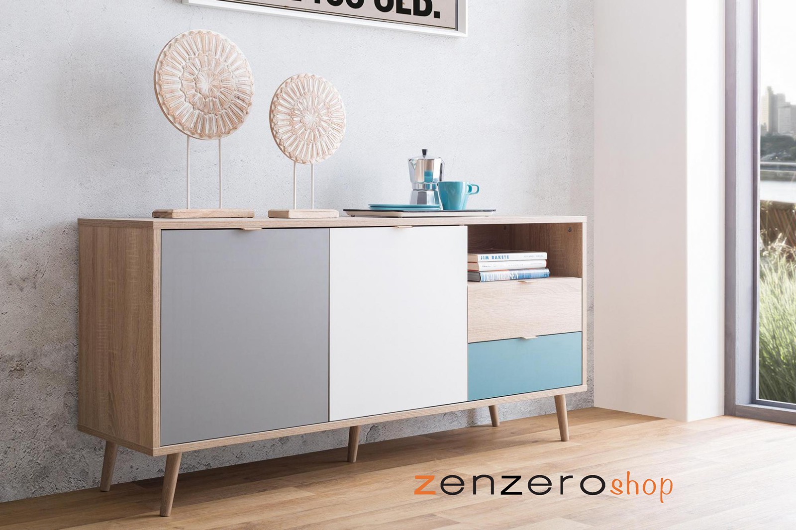 Sala Lavik stile nordico con gambe in legno finitura Quercia, Bianco, Petrolio e Grigia