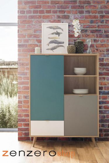 Soggiorno Lavik completo, stile nordico con gambe in legno finitura Quercia, Bianco, Petrolio e Grigia