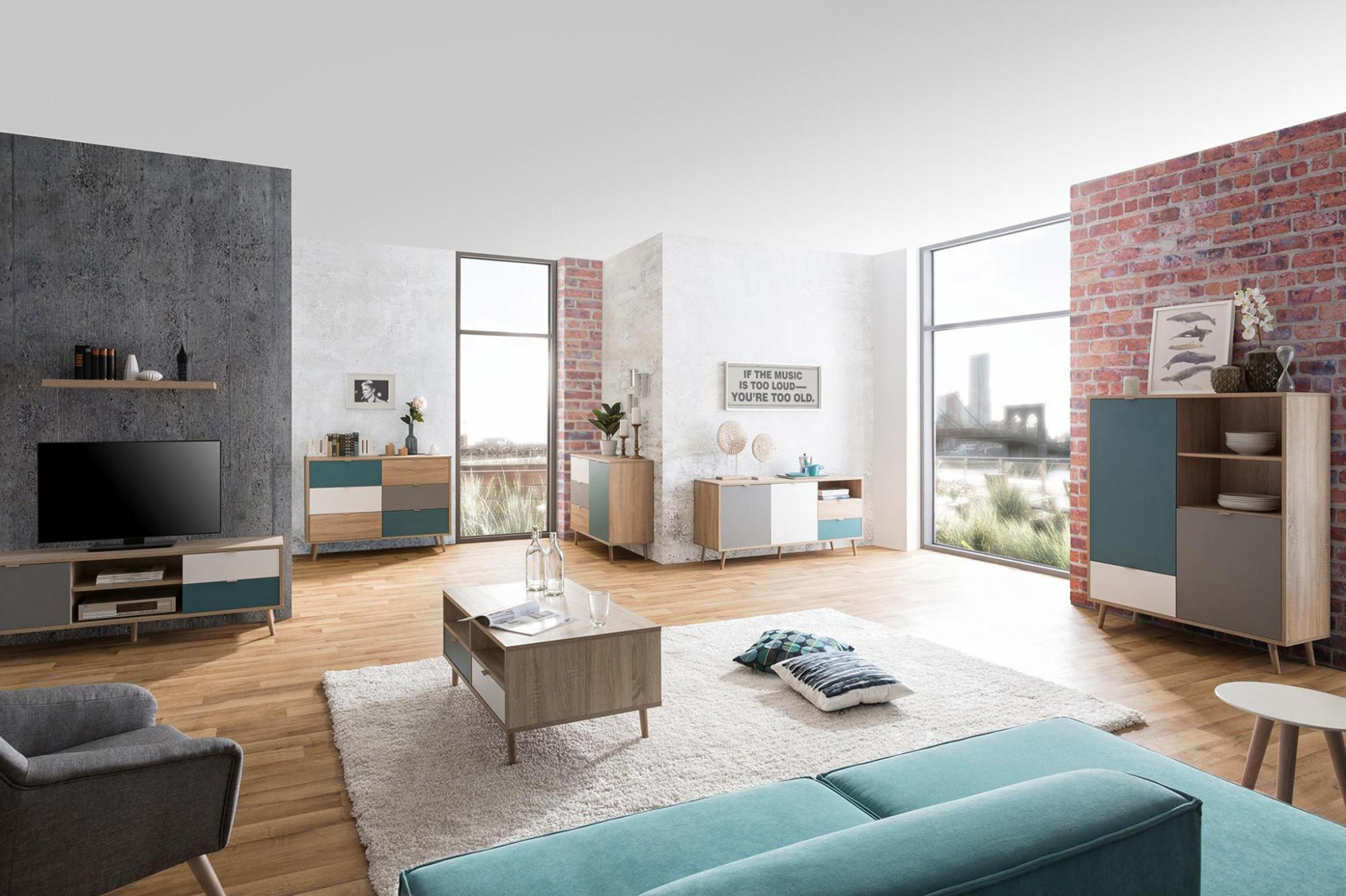 Soggiorno Lavik completo, stile nordico con gambe in legno finitura Quercia, Bianco, Petrolio e Grigia