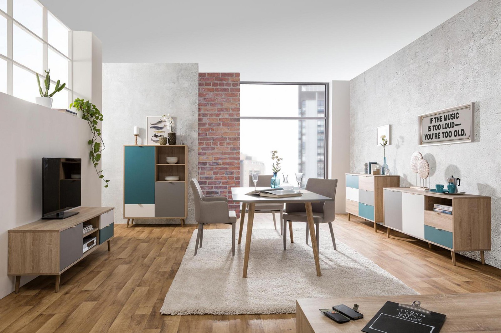 Sala Lavik stile nordico con gambe in legno finitura Quercia, Bianco, Petrolio e Grigia