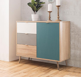 Credenza Madia di design con gambe in legno, 1 anta 3 cassetti, finitura Quercia, Bianca, Petrolio e Grigia