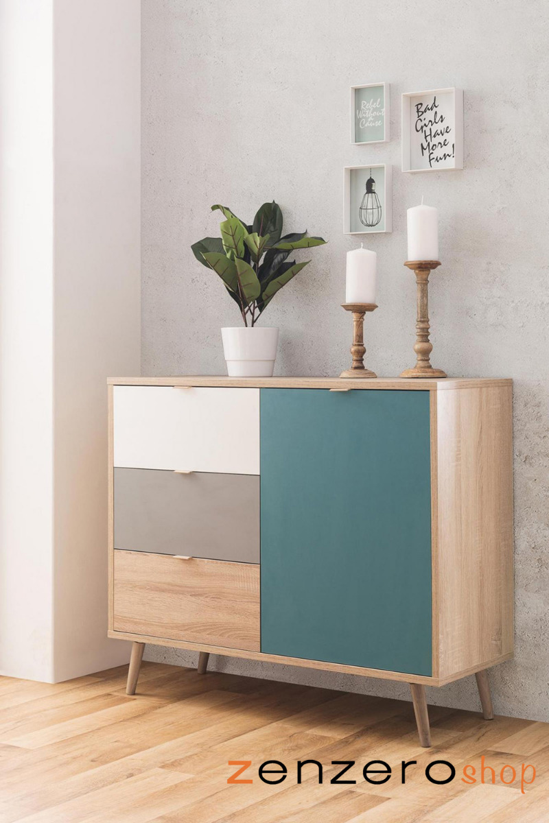 Credenza Madia di design con gambe in legno, 1 anta 3 cassetti, finitura Quercia, Bianca, Petrolio e Grigia