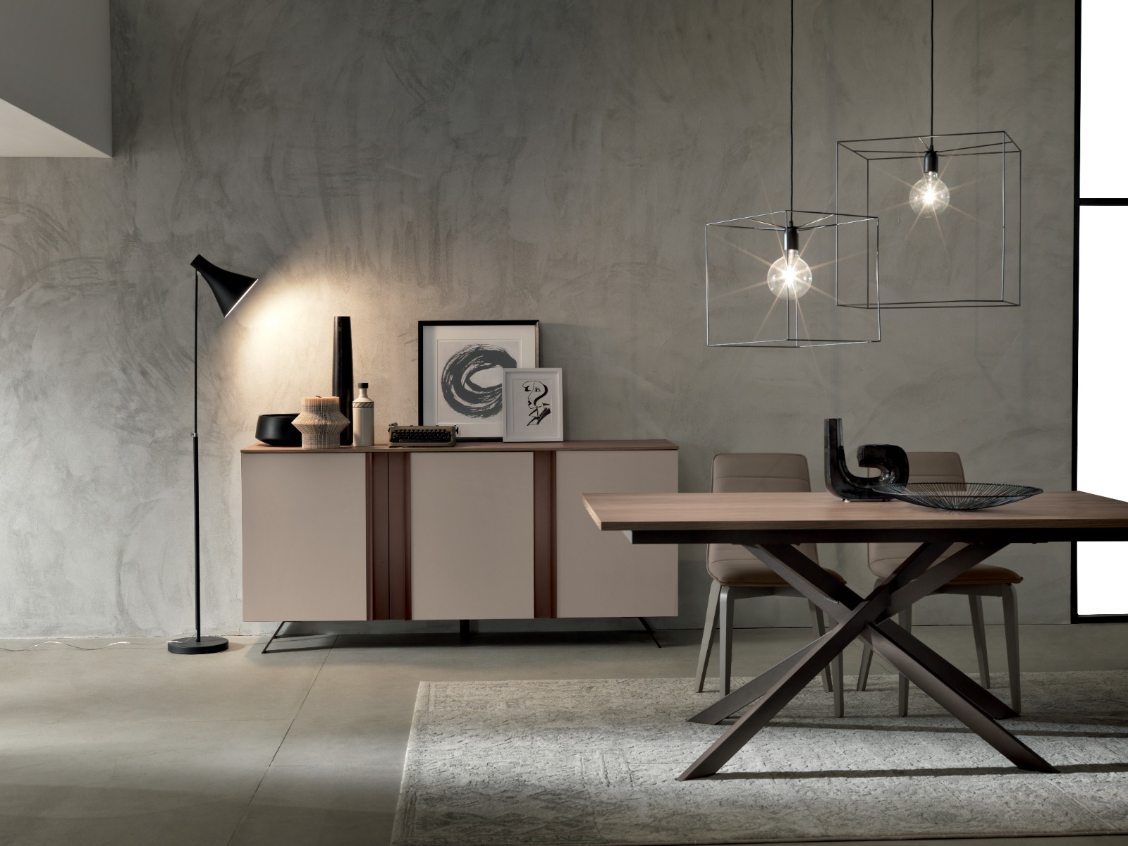 Sala completa composta da vetrina, tavolo e madia 3 ante, Made in Italy