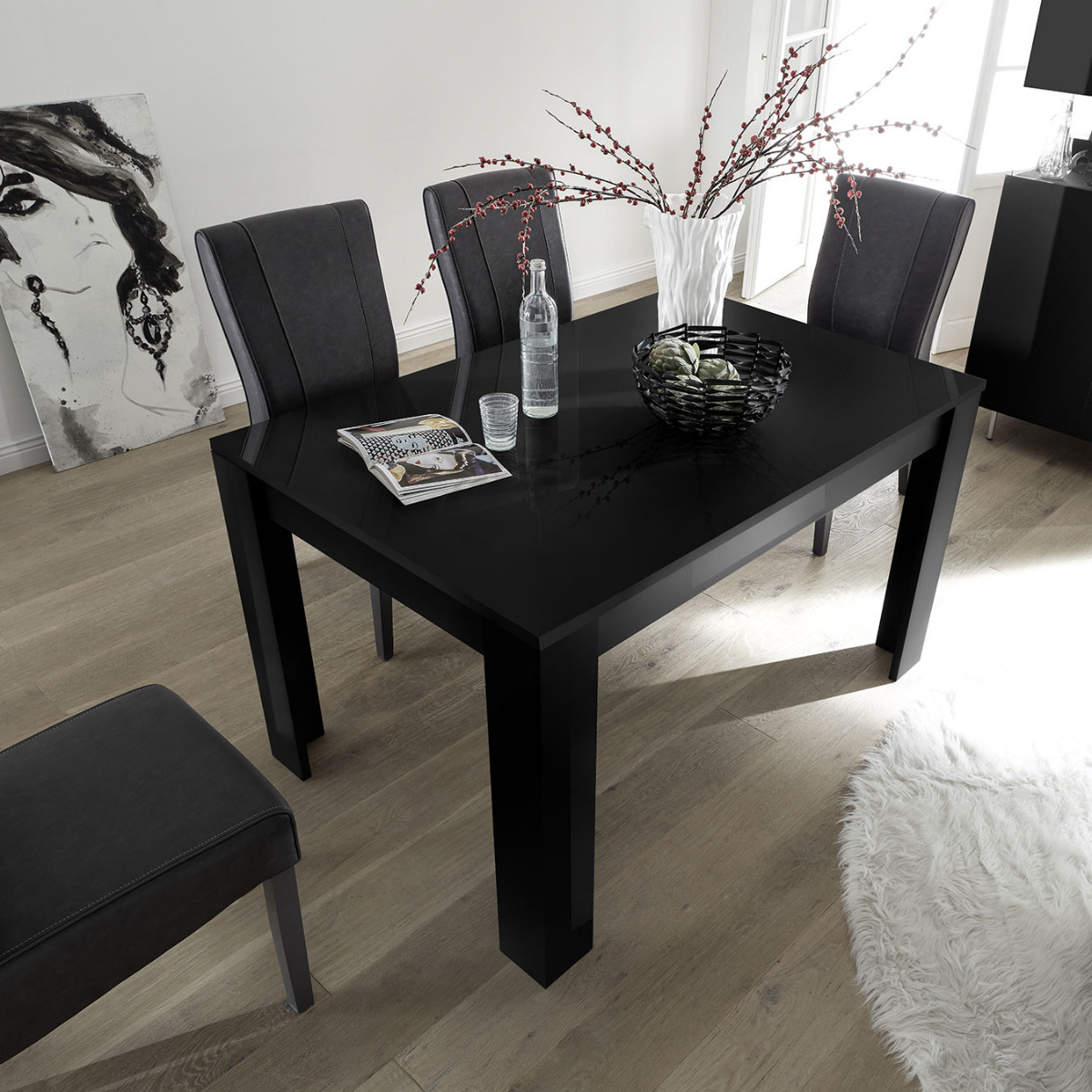 Elegante Tavolo moderno con allungo da 49 cm, finitura Nero Lucido
