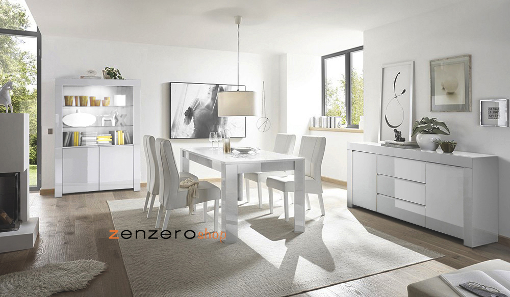 Soggiorno moderno completo, con Vetrina, Madia e tavolo in bianco lucido laccato