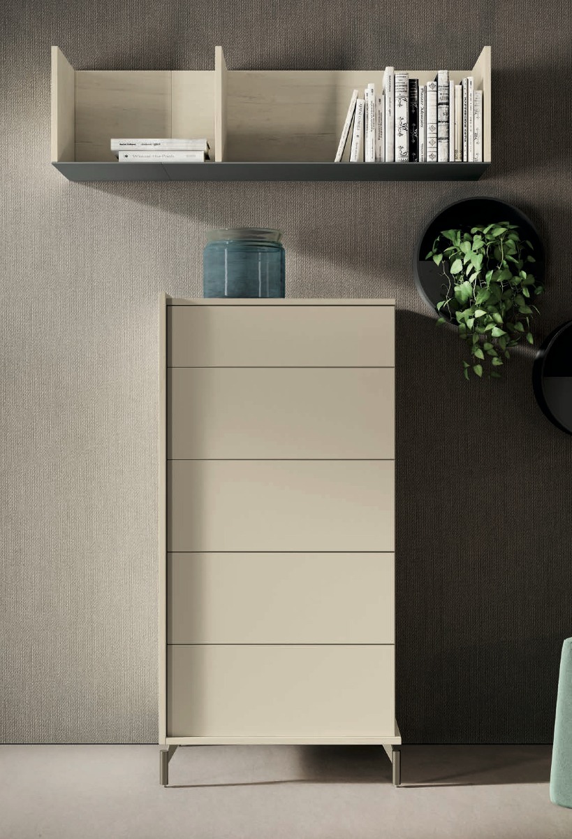 Settimino moderno 5 cassetti, finitura Natural wood e Desert