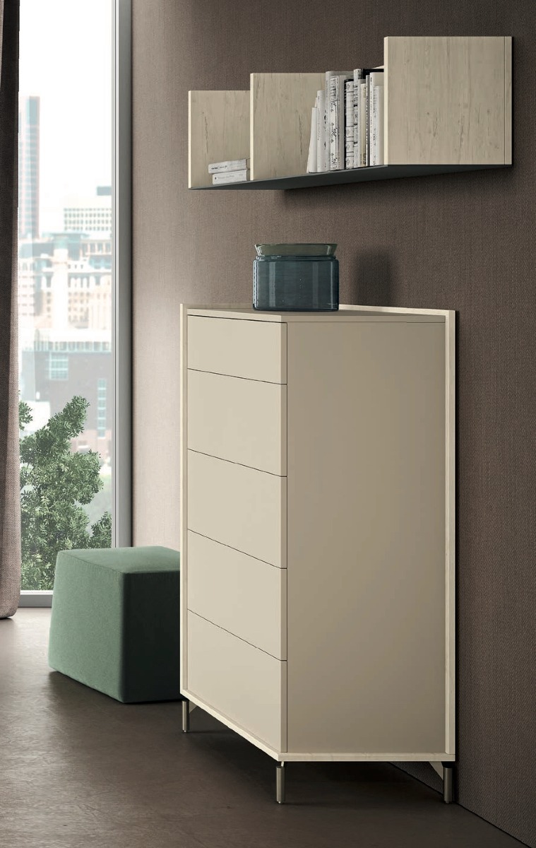 Settimino moderno 5 cassetti, finitura Natural wood e Desert