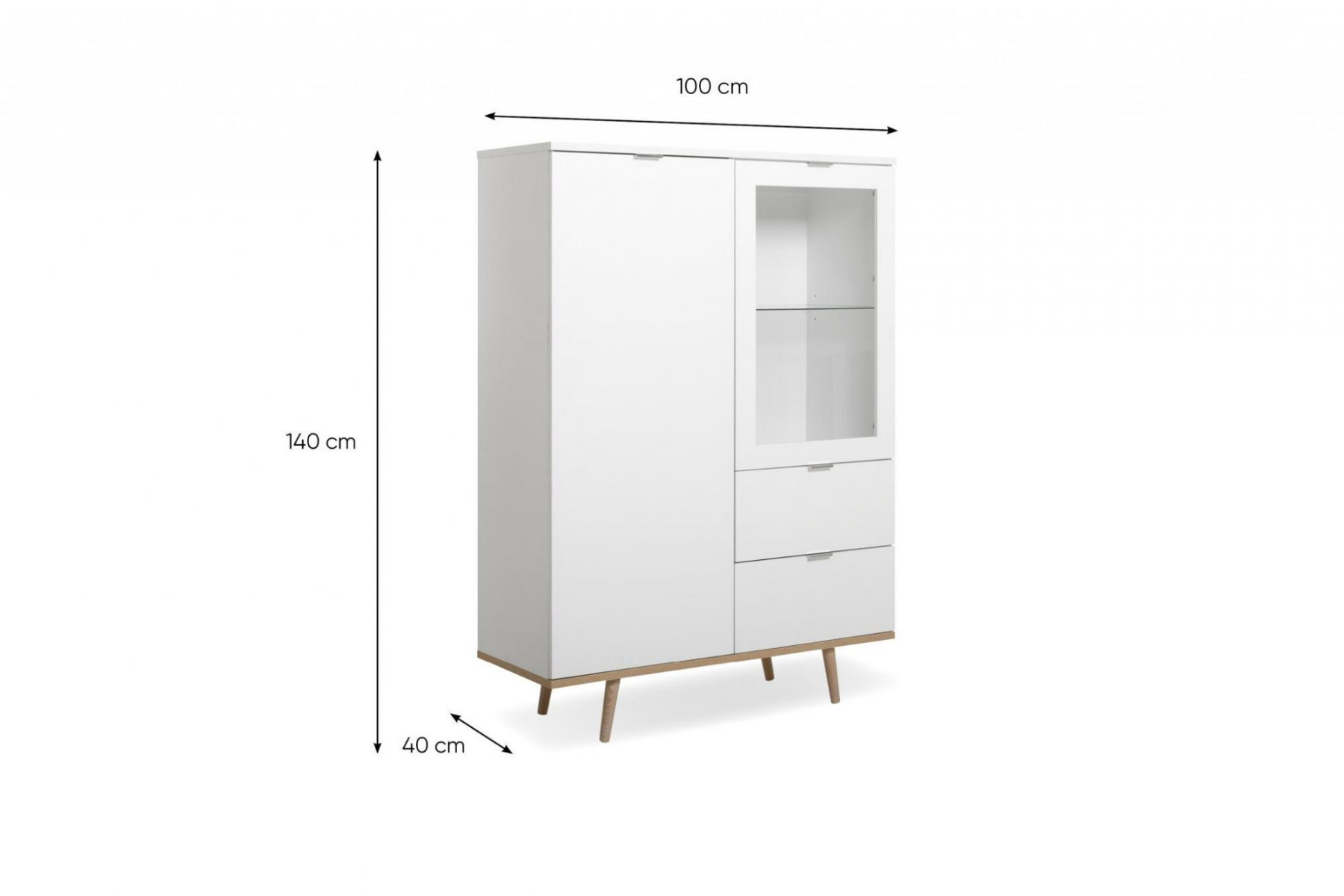 Vetrina a 2 ante e 2 cassetti con gambe in quercia