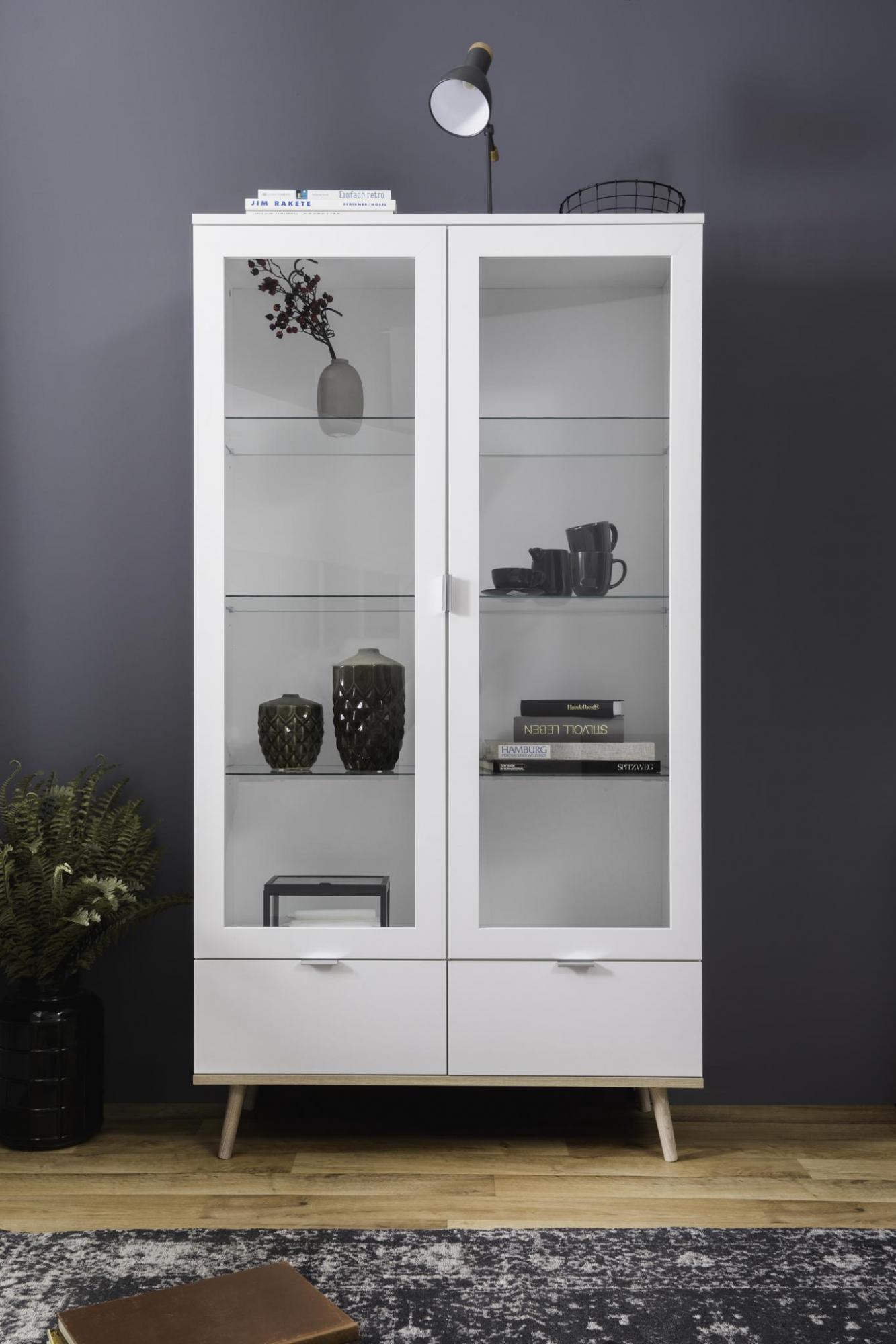 Vetrina in stile nordico con 2 ante e 2 cassetti in finitura Bianco e Quercia