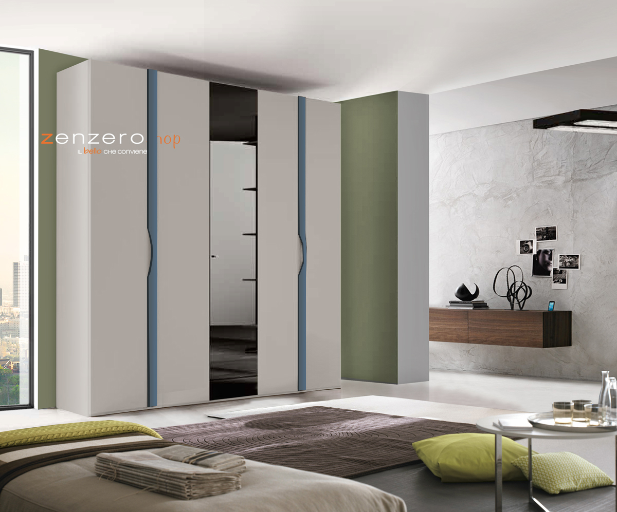 Armadio moderno con 5 ante battenti in finitura Grigio seta e Petrolio