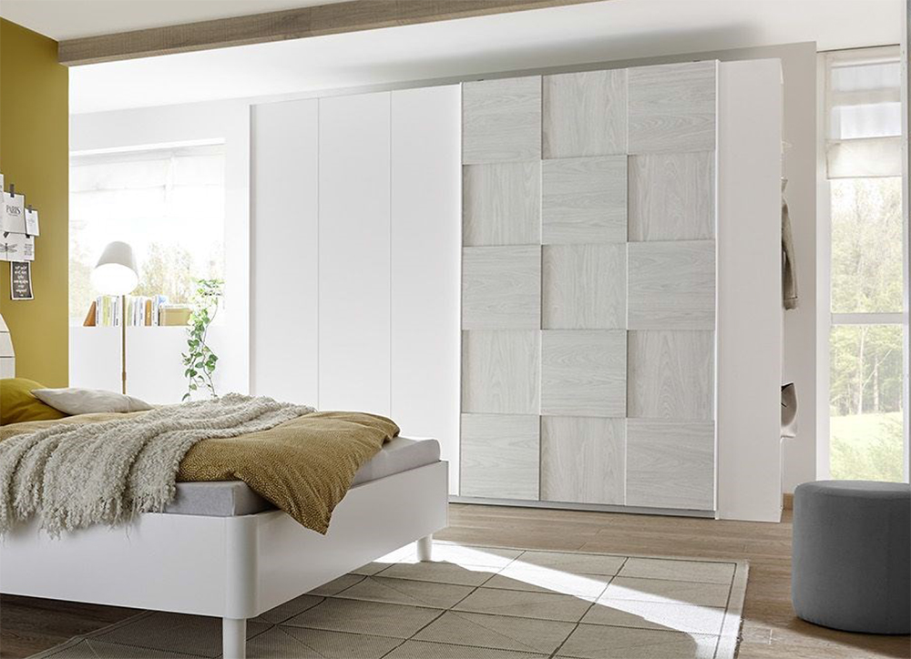 Camera completa con letto grigio in tessuto imbottito con armadio Miss