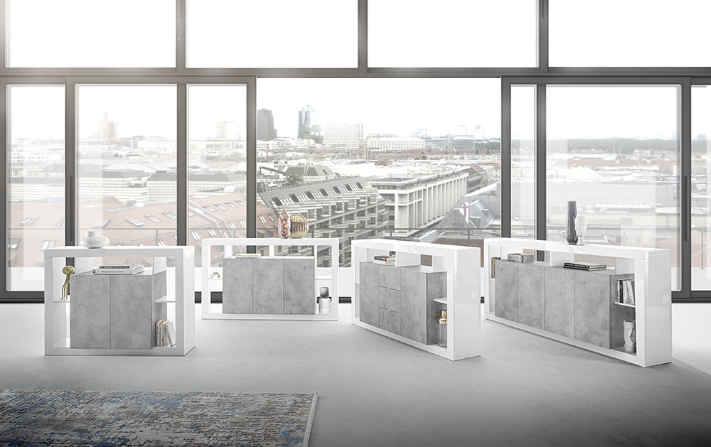 Madia moderna di design a 4 ante, finitura Bianco lucido e cemento