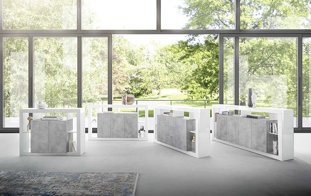 Madia moderna di design a 4 ante, finitura Bianco lucido e cemento