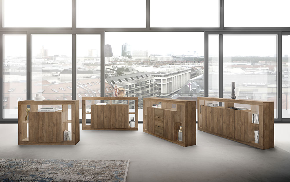 Spaziosa Credenza moderna di design a 2 ante e 3 cassetti, finitura Mercure 