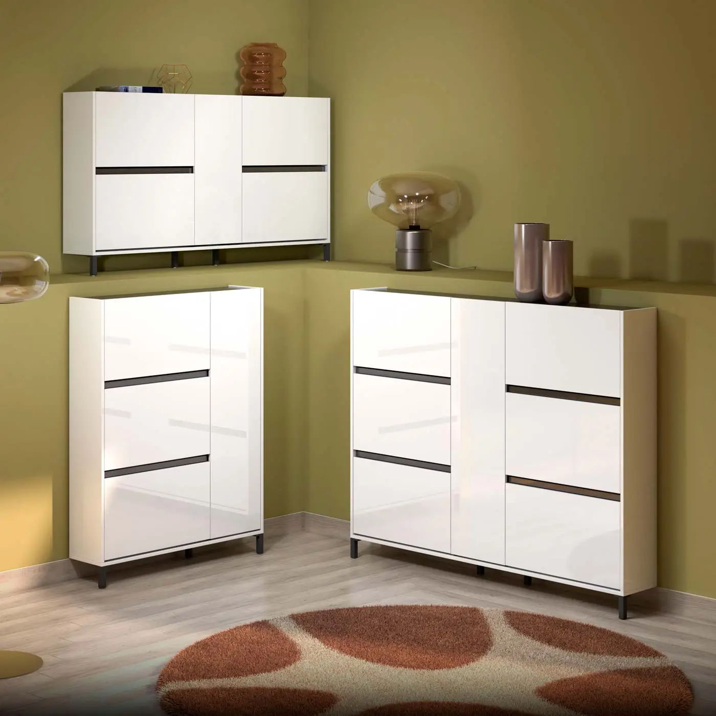 Scarpiera 6 ante ribalta e 1 anta battente, Bianco lucido 