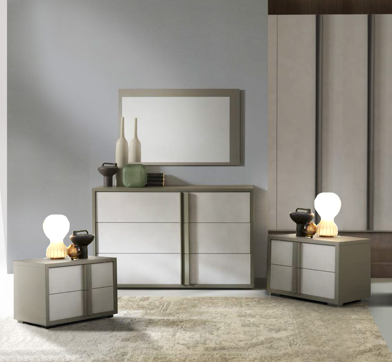 Set zona notte comò e comodini, finitura Calce e Grigio londra