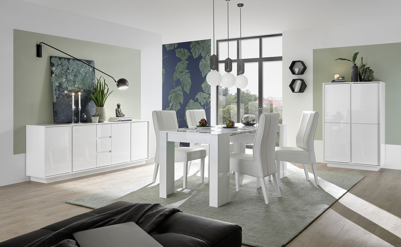 Soggiorno moderno composto da 2 madie e un tavolo in finitura bianco lucido 