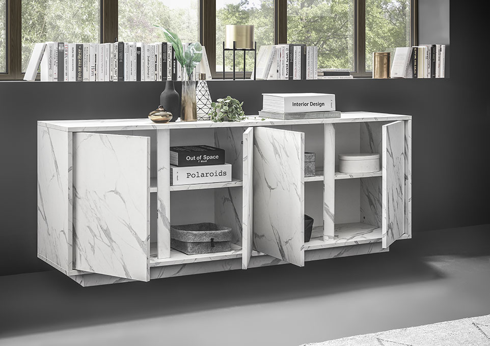 Madia moderna, 4 ante in finitura effetto Marmo Bianco di Carrara
