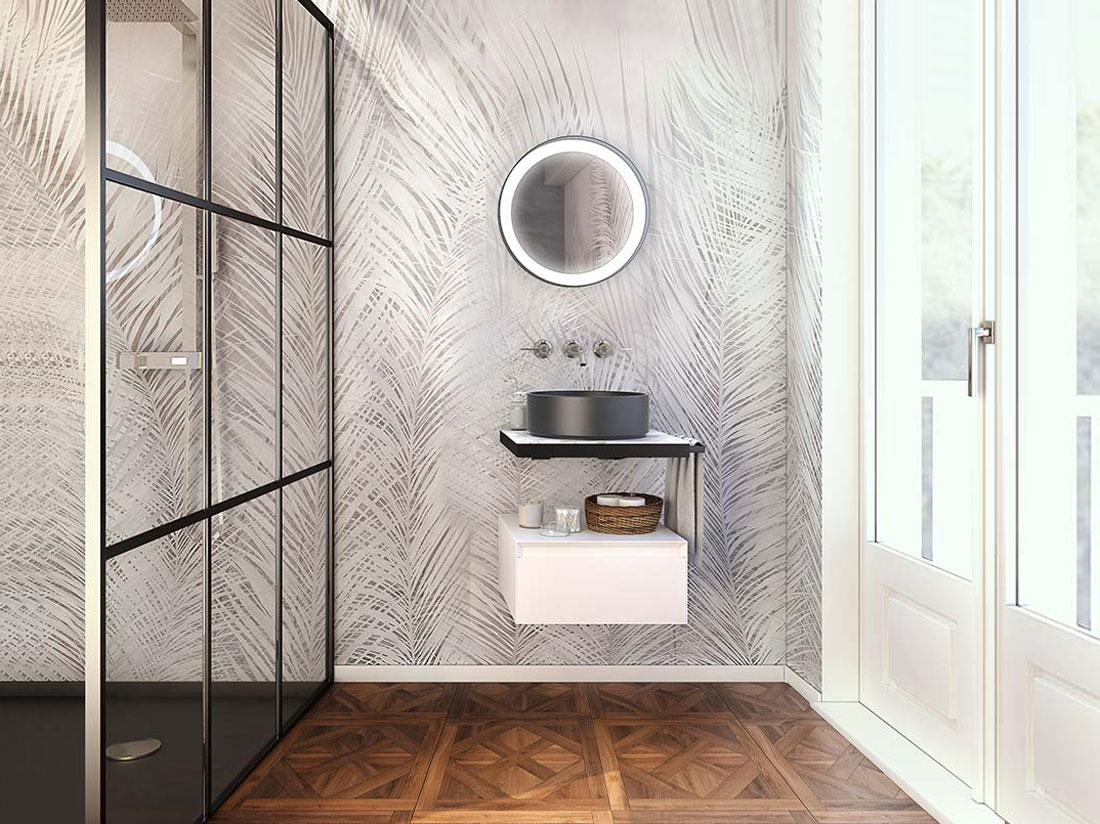 Mobile bagno con top in gres, 1 cassetto, finitura Bianco opaco e Calacatta