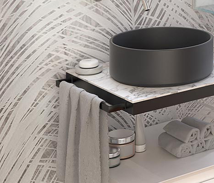 Mobile bagno con top in gres, 1 cassetto, finitura Bianco opaco e Calacatta