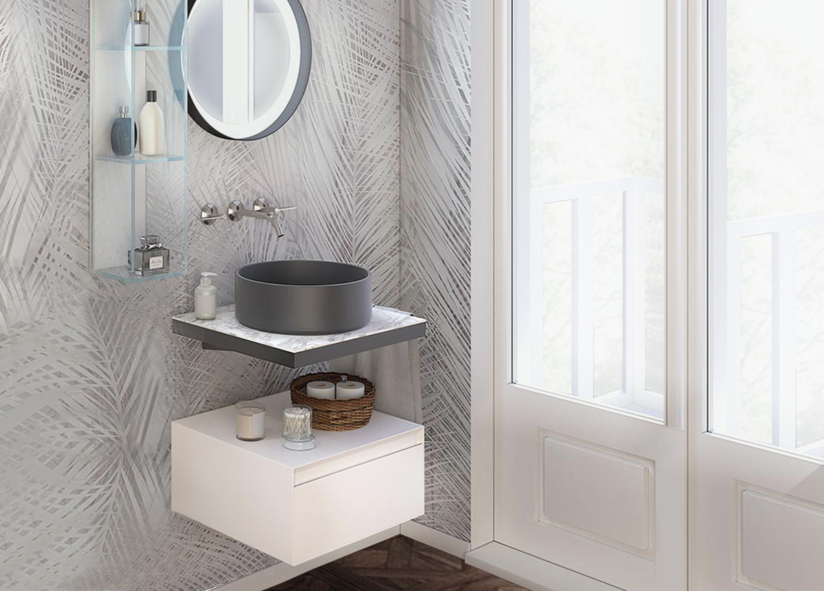 Mobile bagno con top in gres, 1 cassetto, finitura Bianco opaco e Calacatta