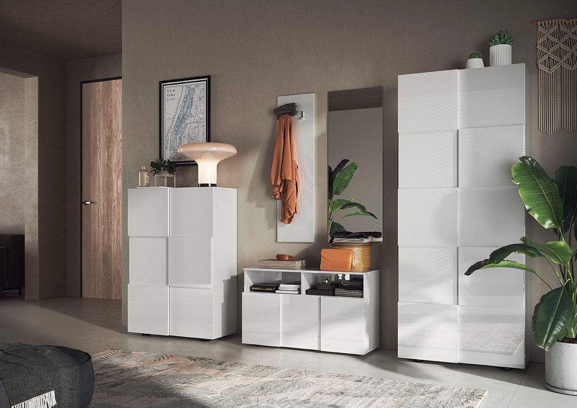 Ingresso con panca, pannello appendiabiti e specchio, finitura Bianco lucido